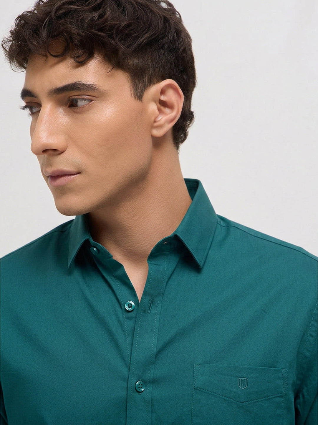 Teal Green Twill Satin Solid Casual Shirt