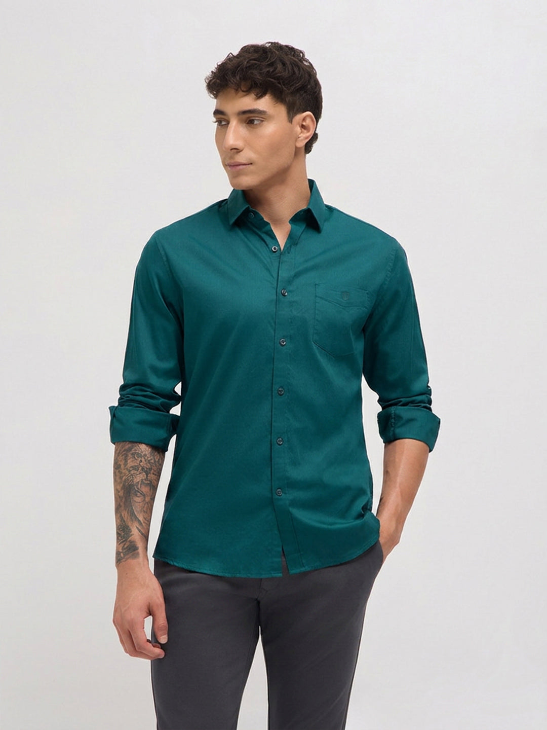 Teal Green Twill Satin Solid Casual Shirt
