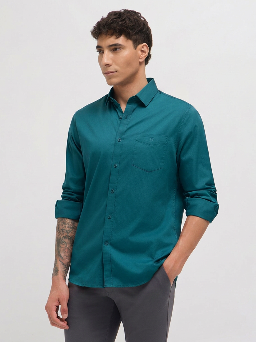 Teal Green Twill Satin Solid Casual Shirt