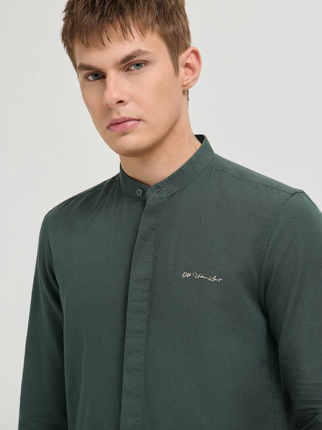 Dark Sage Green Textured Printed Solid Casual Shirt