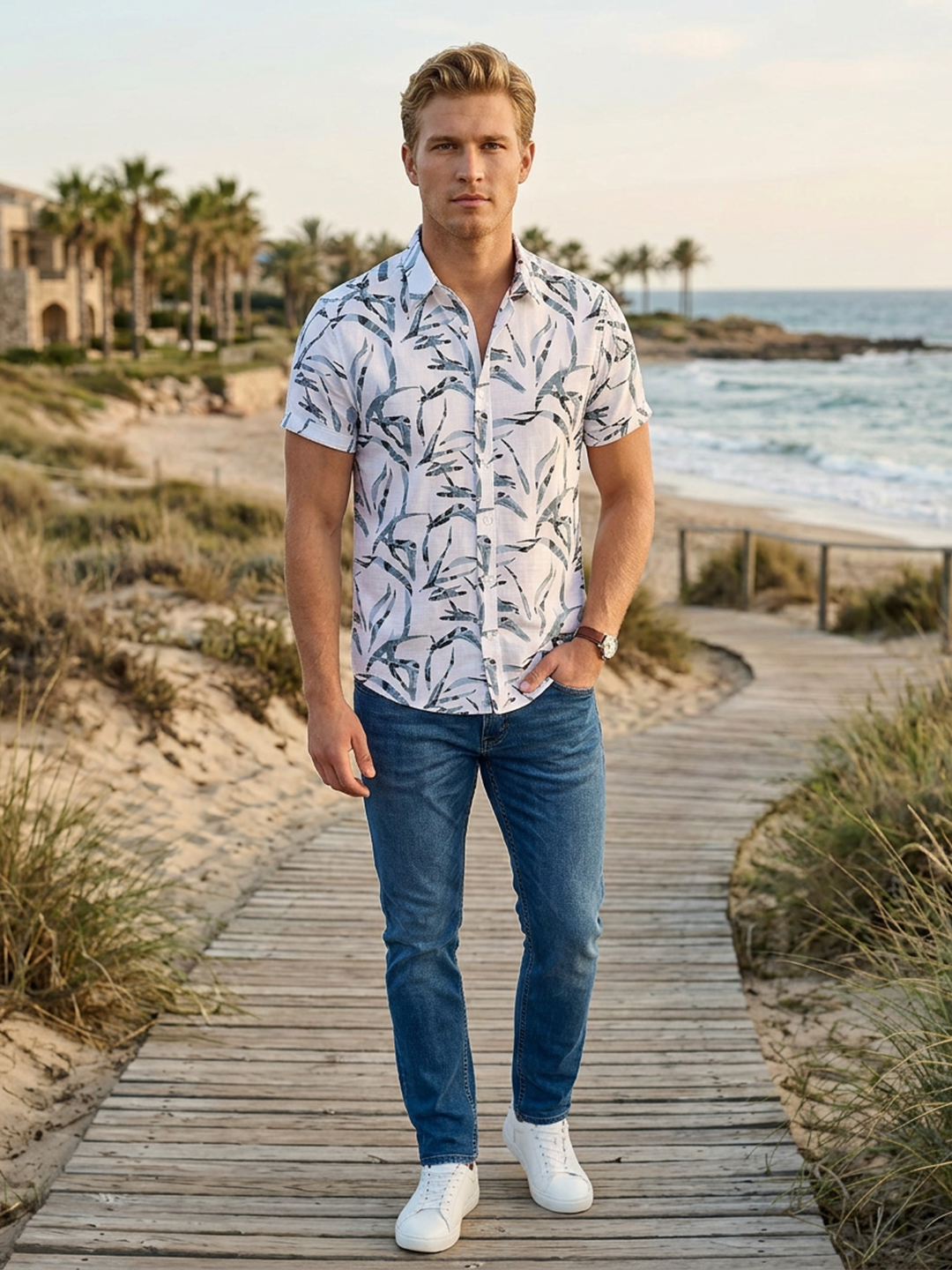 Mist White and Sage Grey Leaf Printed Casual Shirt