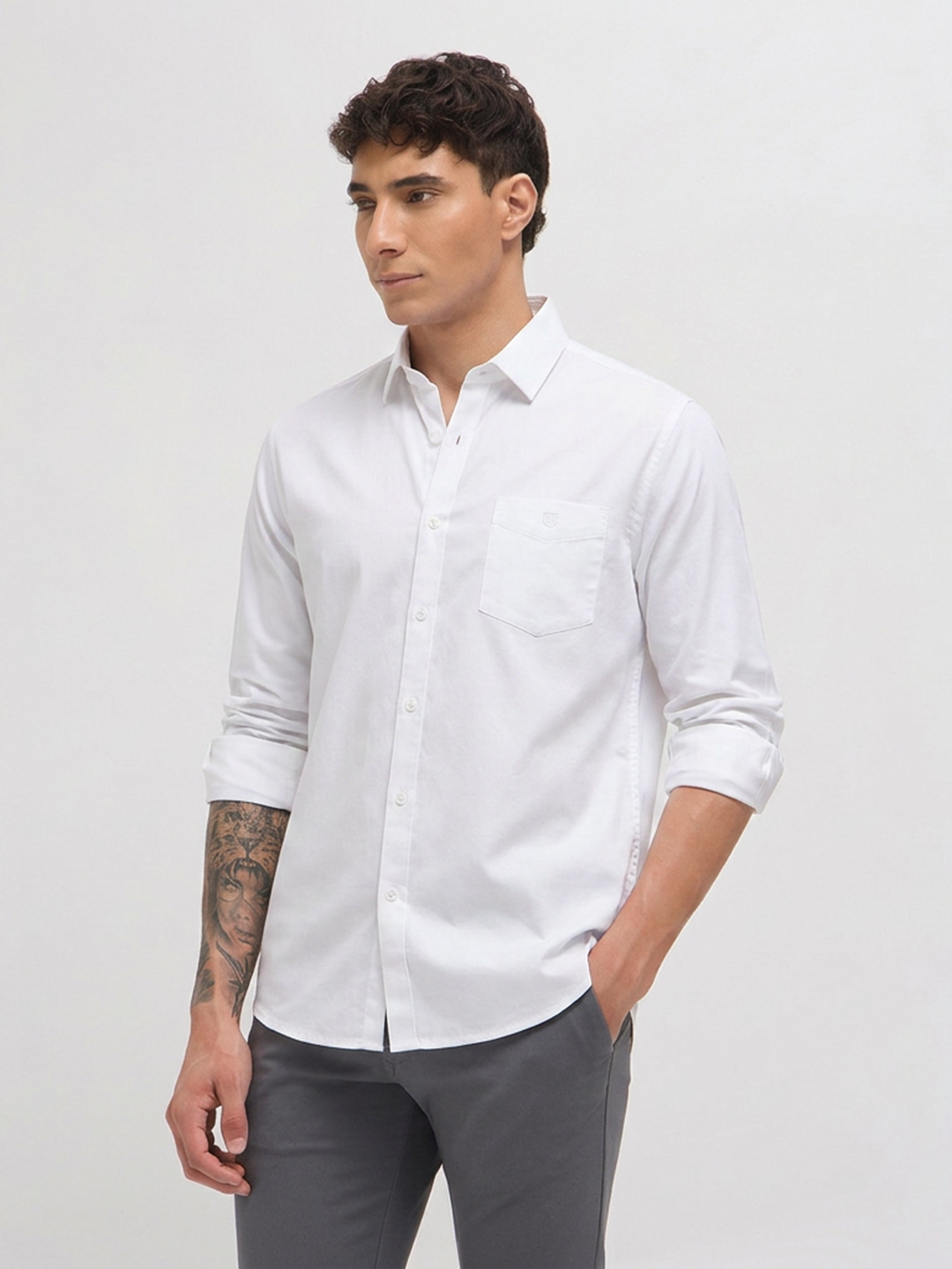 White Twill Satin Solid Casual Shirt