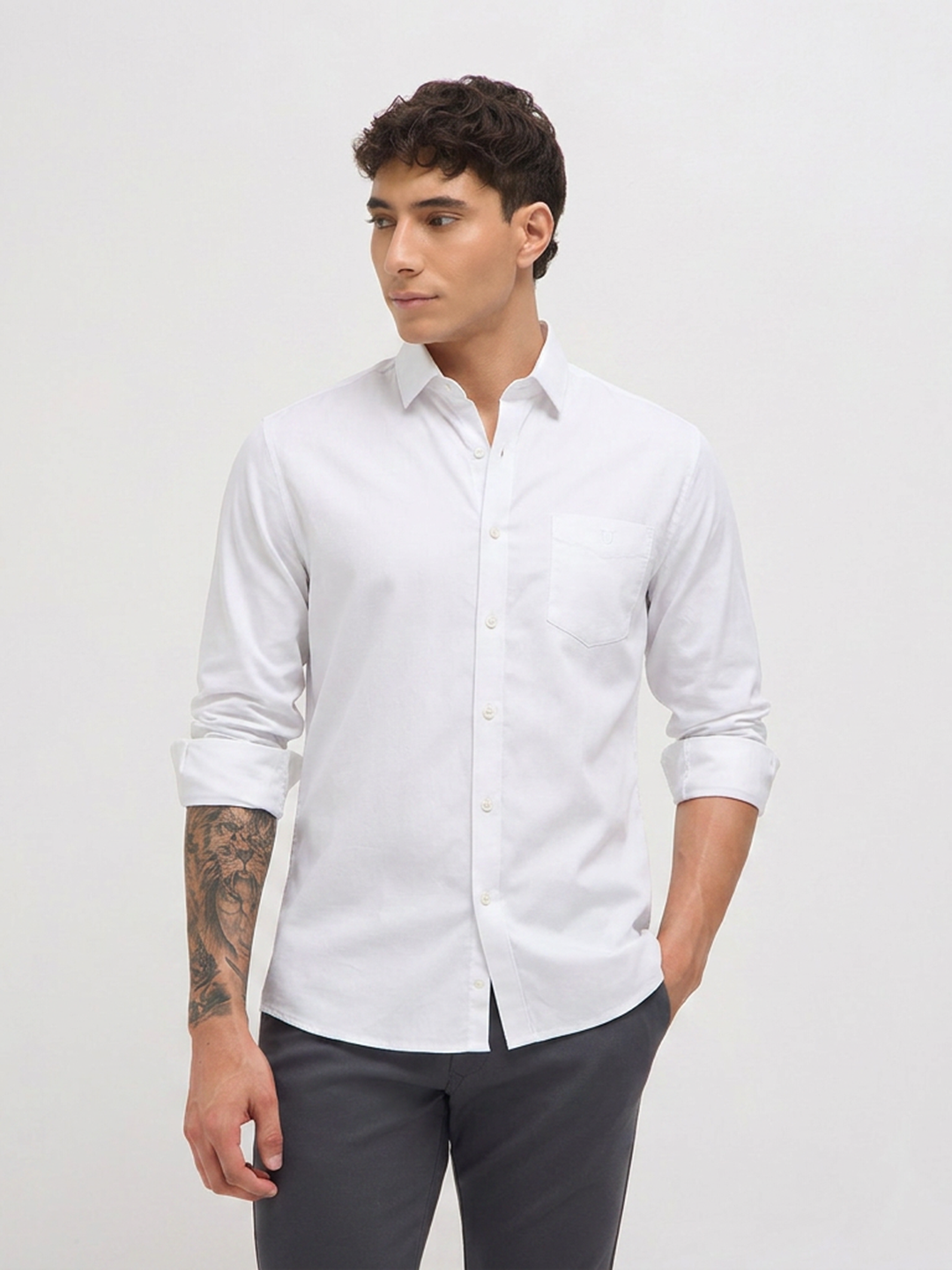 White Twill Satin Solid Casual Shirt