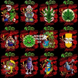 30 Weed Cartoon Gangster Dope 420 Cannabis Marijuana Designs Bundle PNG   PSD