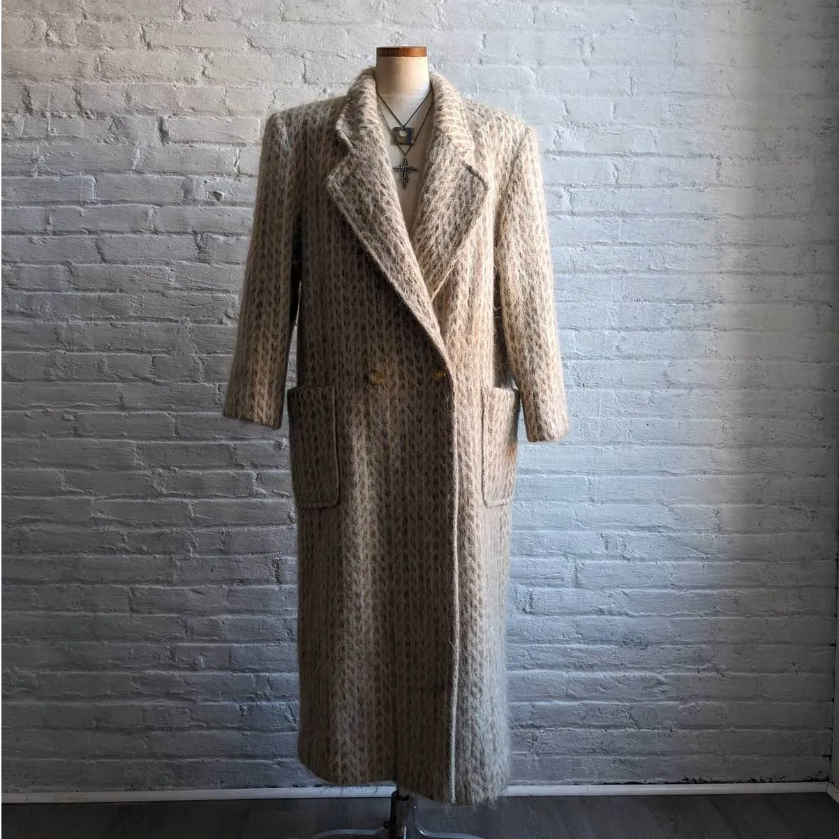 70s Vintage Minimalist Mohair Wool Trench Coat Fuzzy Earthtone Striped Jacket