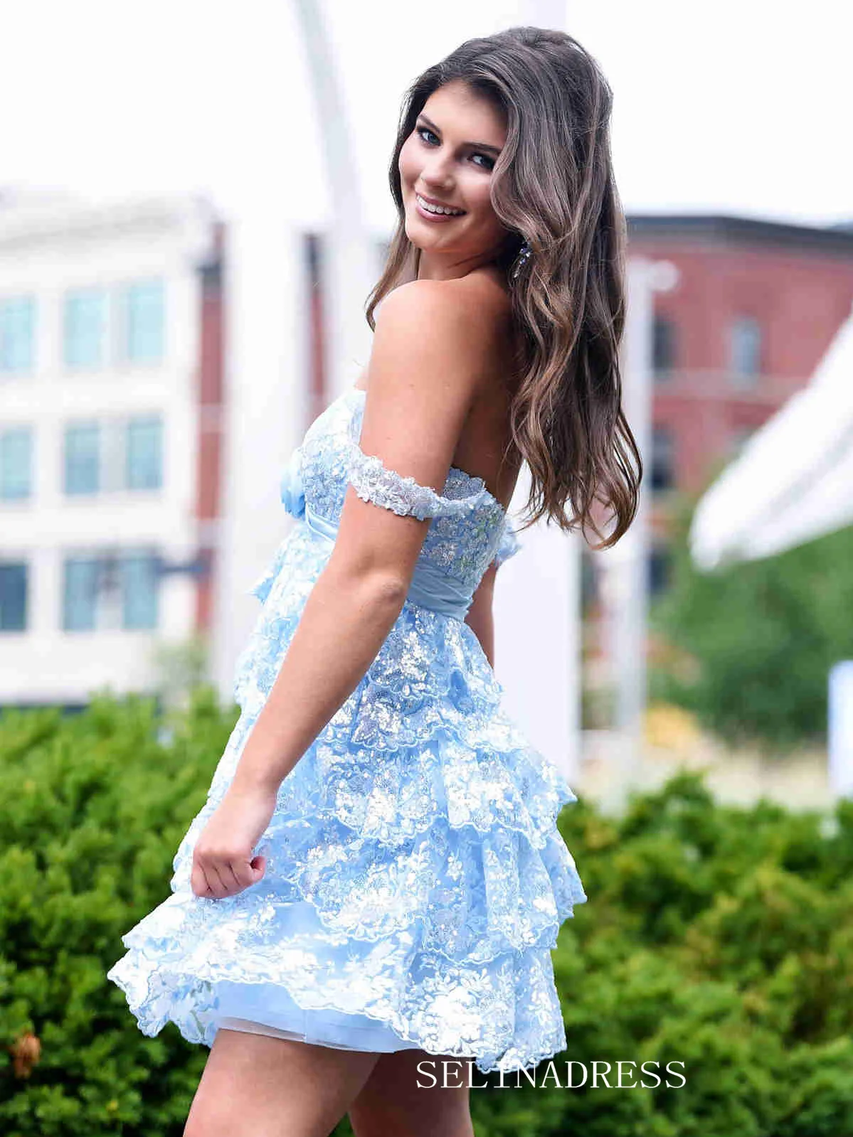 A-line Staps Light Sky Blue Short Prom Dress Lace Homecoming Dresses #TKL2326