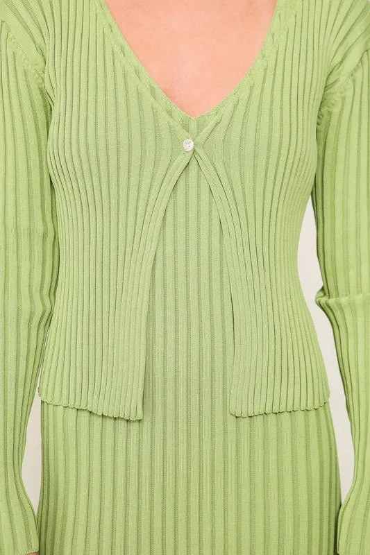 Apple Green Ribbed Long Sleeve Cardigan Midi Dress