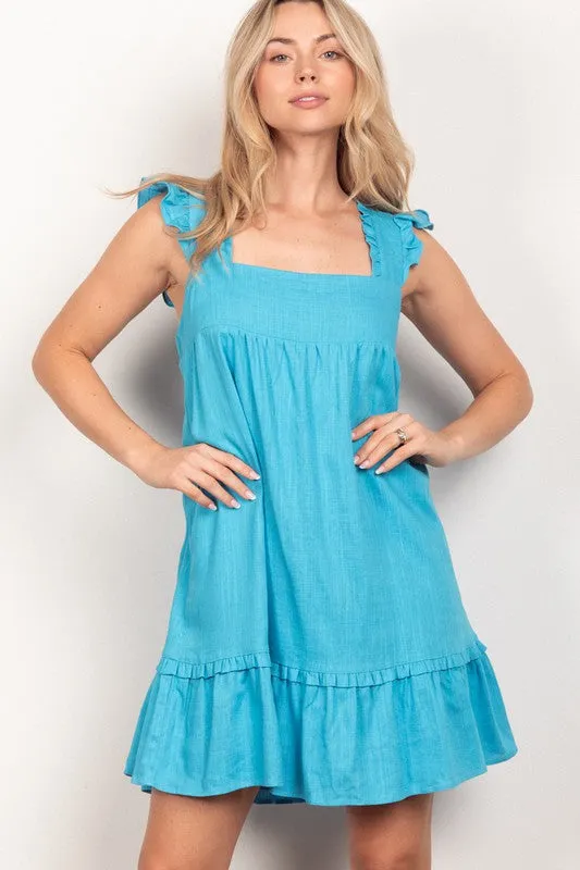 Aqua Ruffled Solid Linen Backless Mini Dress