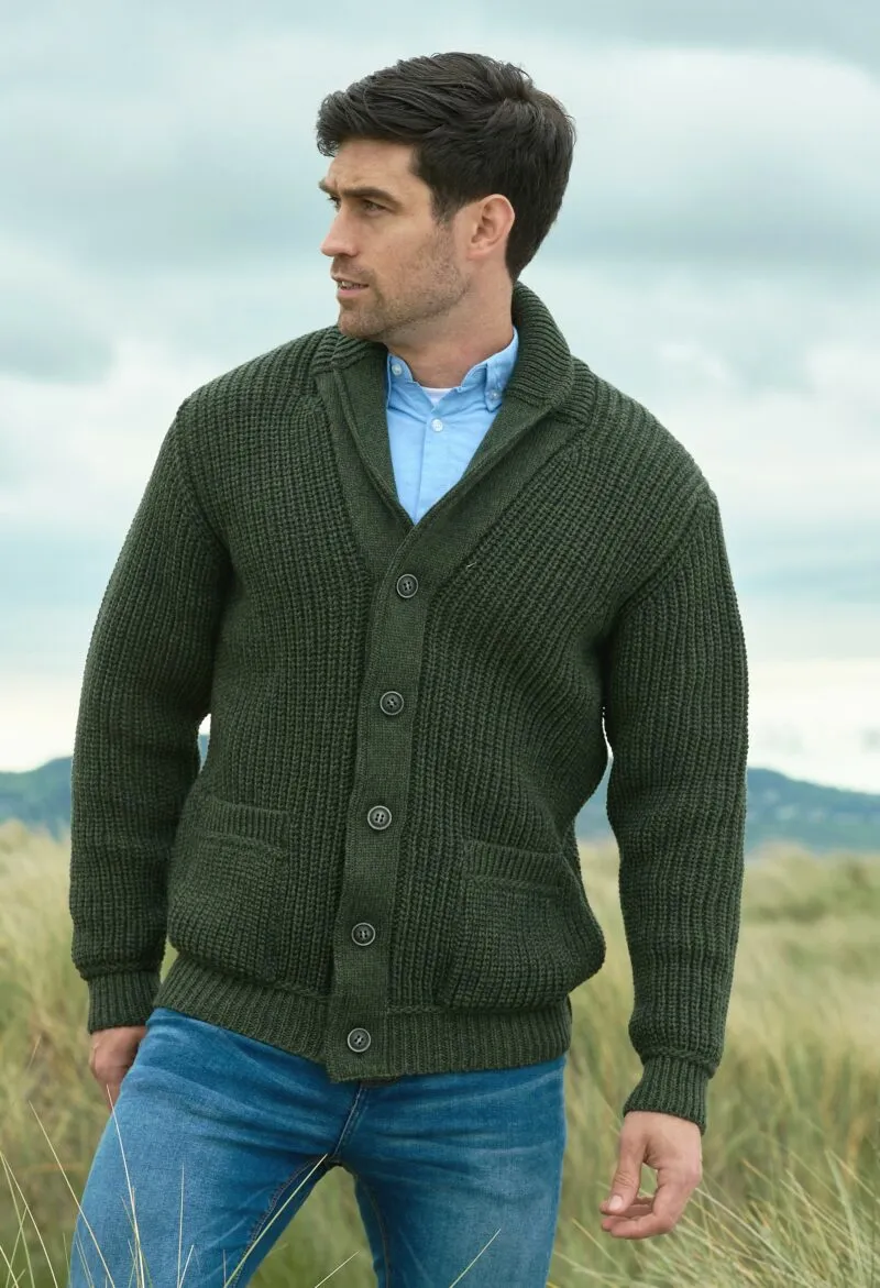 Aran Crafts Ribbed Shawl Cardigan | Green