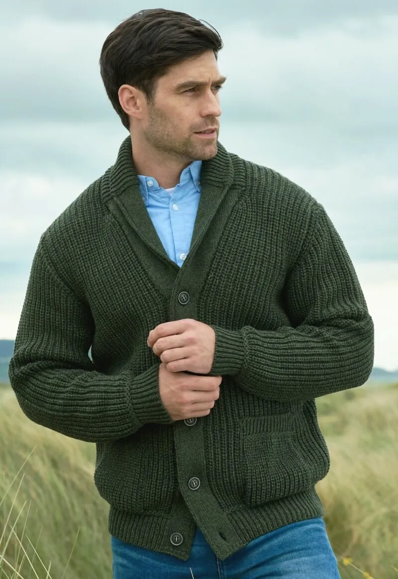 Aran Crafts Ribbed Shawl Cardigan | Green