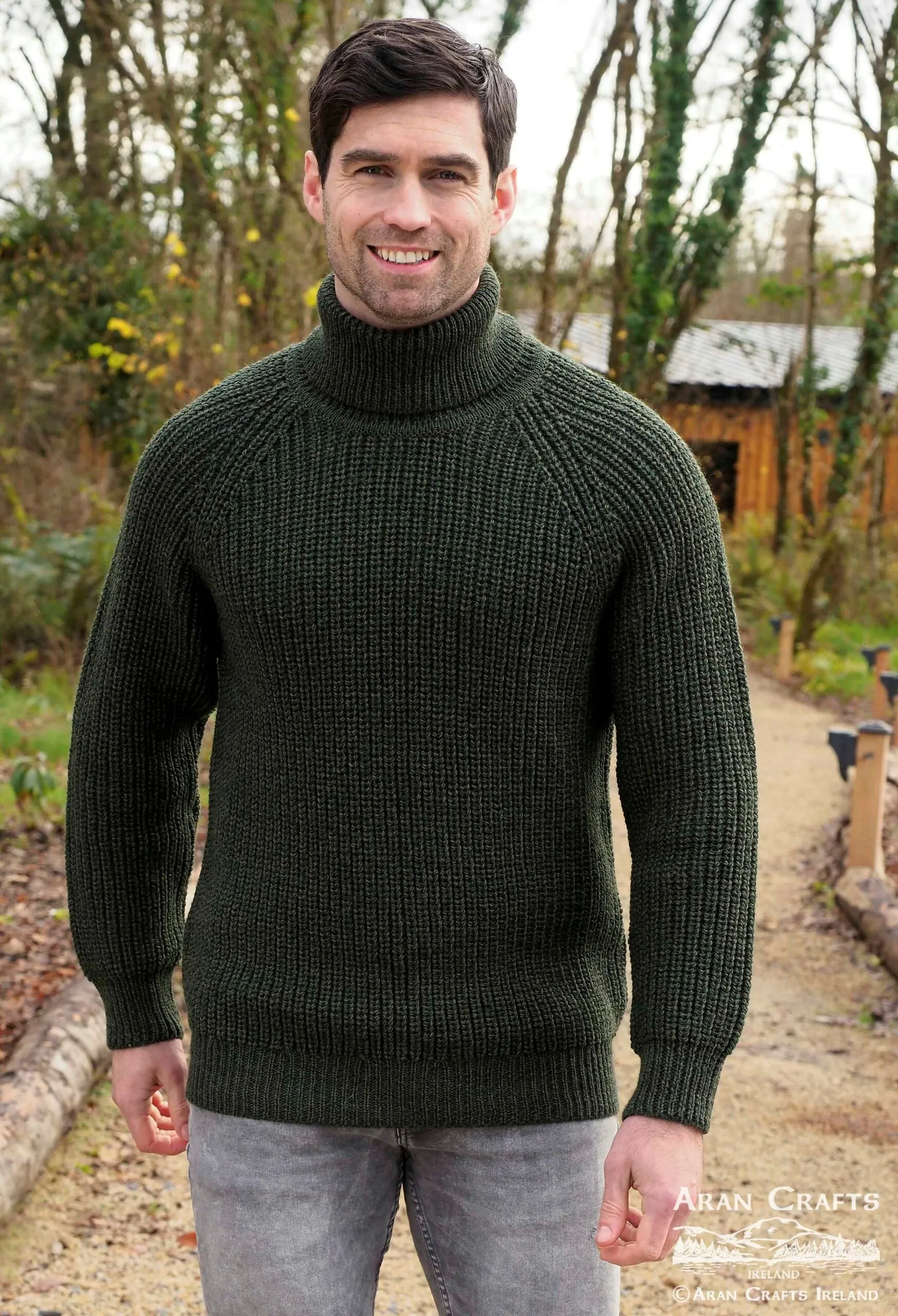 Aran Rib Roll Neck Sweater | Green