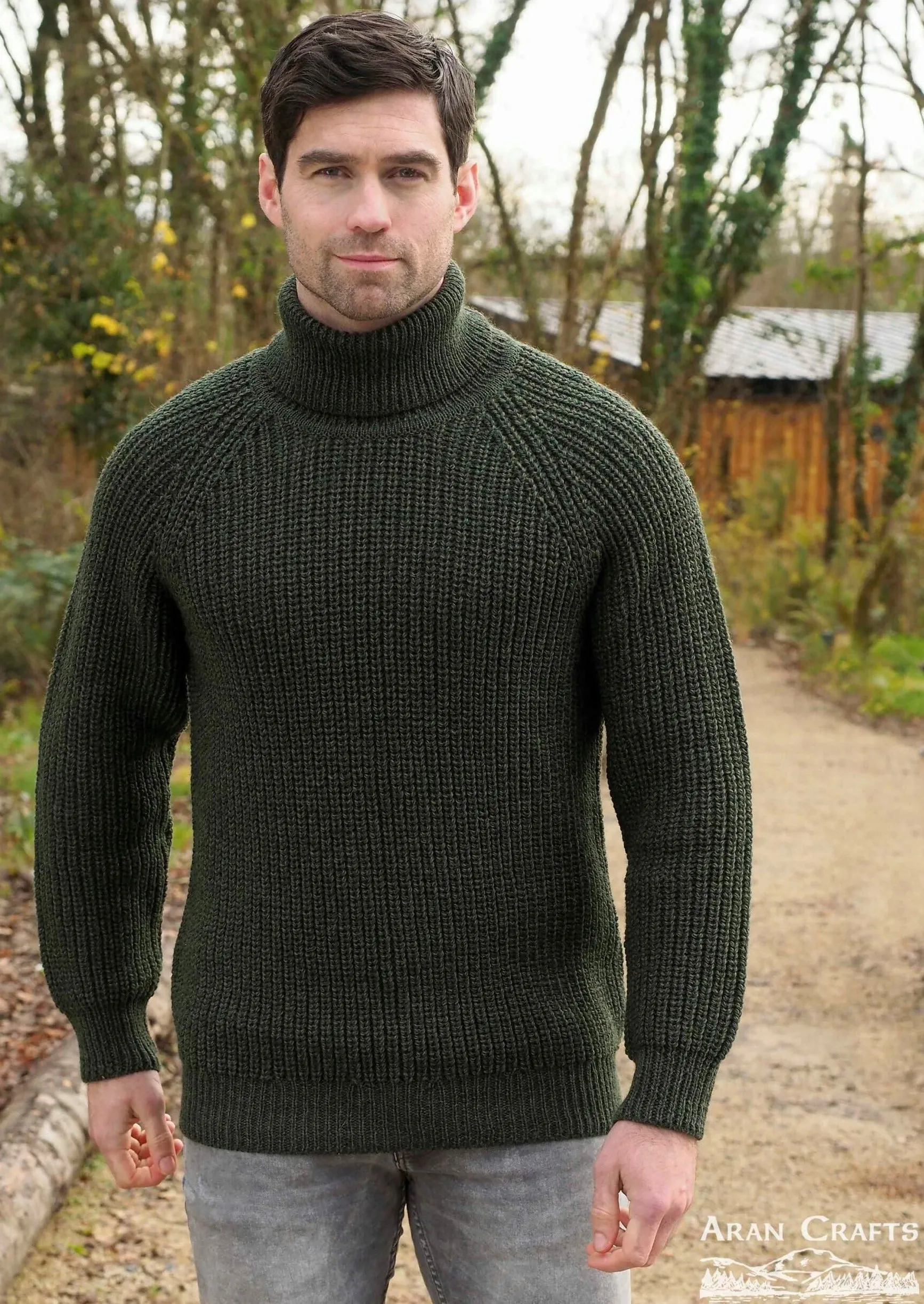 Aran Rib Roll Neck Sweater | Green