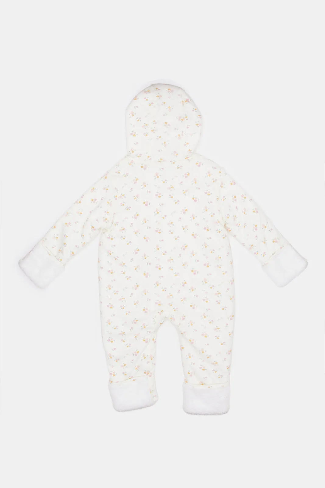 Babies Ecru Printed Hooded Jumpsuit Coat