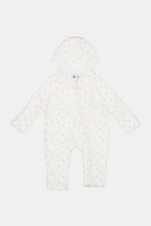 Babies Ecru Printed Hooded Jumpsuit Coat