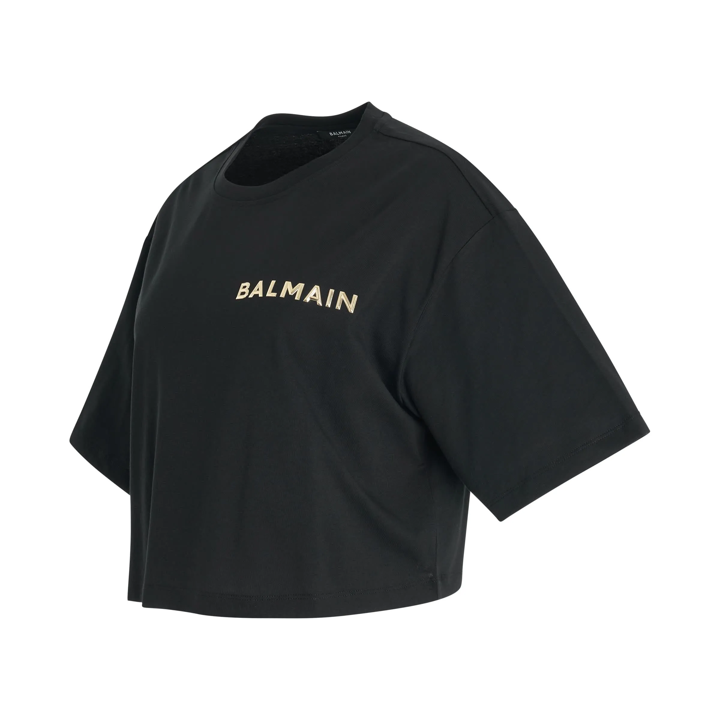 Balmain Laminated Crop T-Shirt in Black/Gold