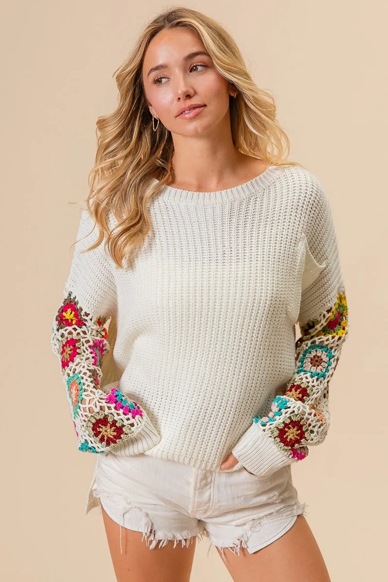 BiBi Knit Sweater with Crochet Granny Knit Square Sleeves in Ivory