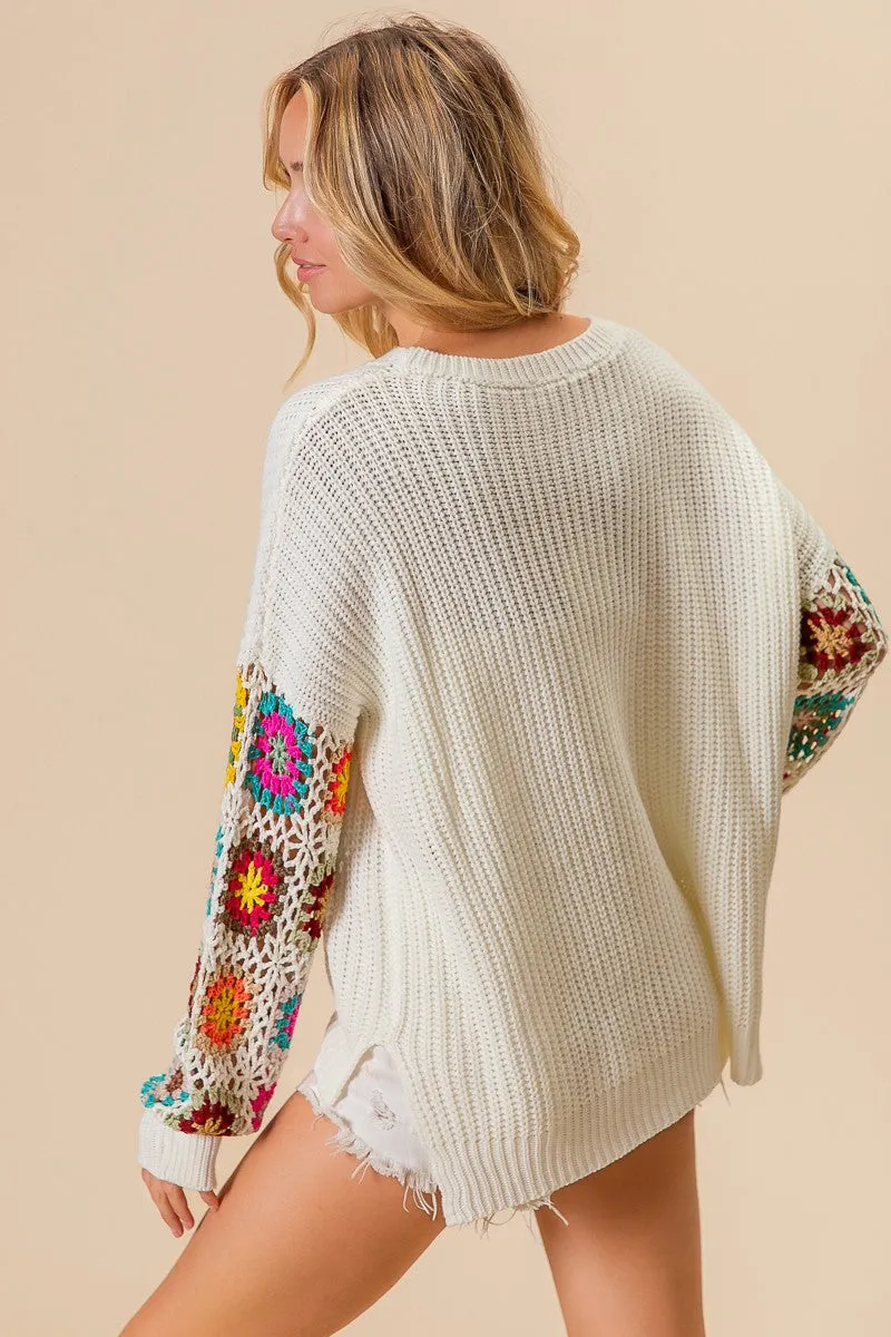 BiBi Knit Sweater with Crochet Granny Knit Square Sleeves in Ivory