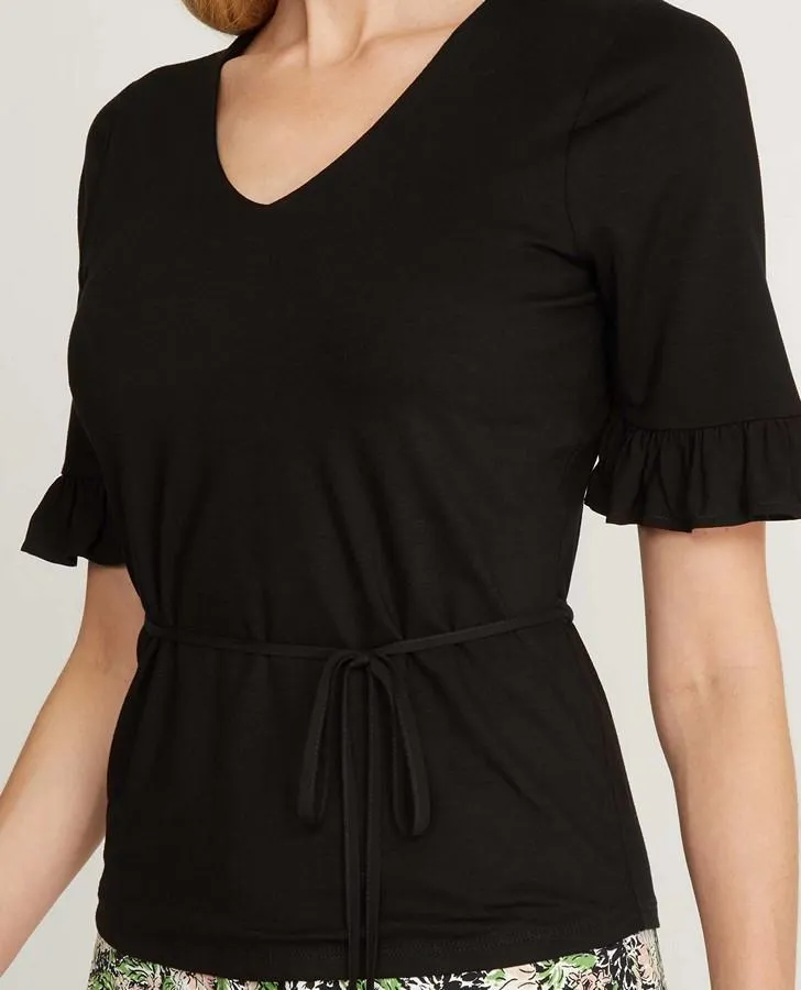 Black 1/2 Sleeve V-Neck Chiffon Frill Top