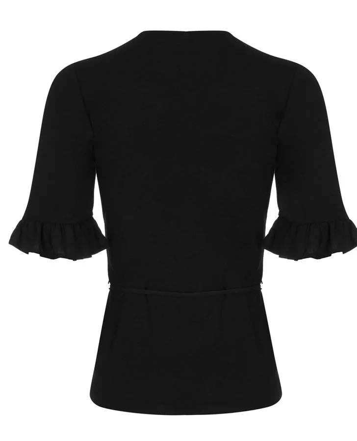 Black 1/2 Sleeve V-Neck Chiffon Frill Top