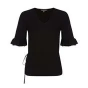 Black 1/2 Sleeve V-Neck Chiffon Frill Top