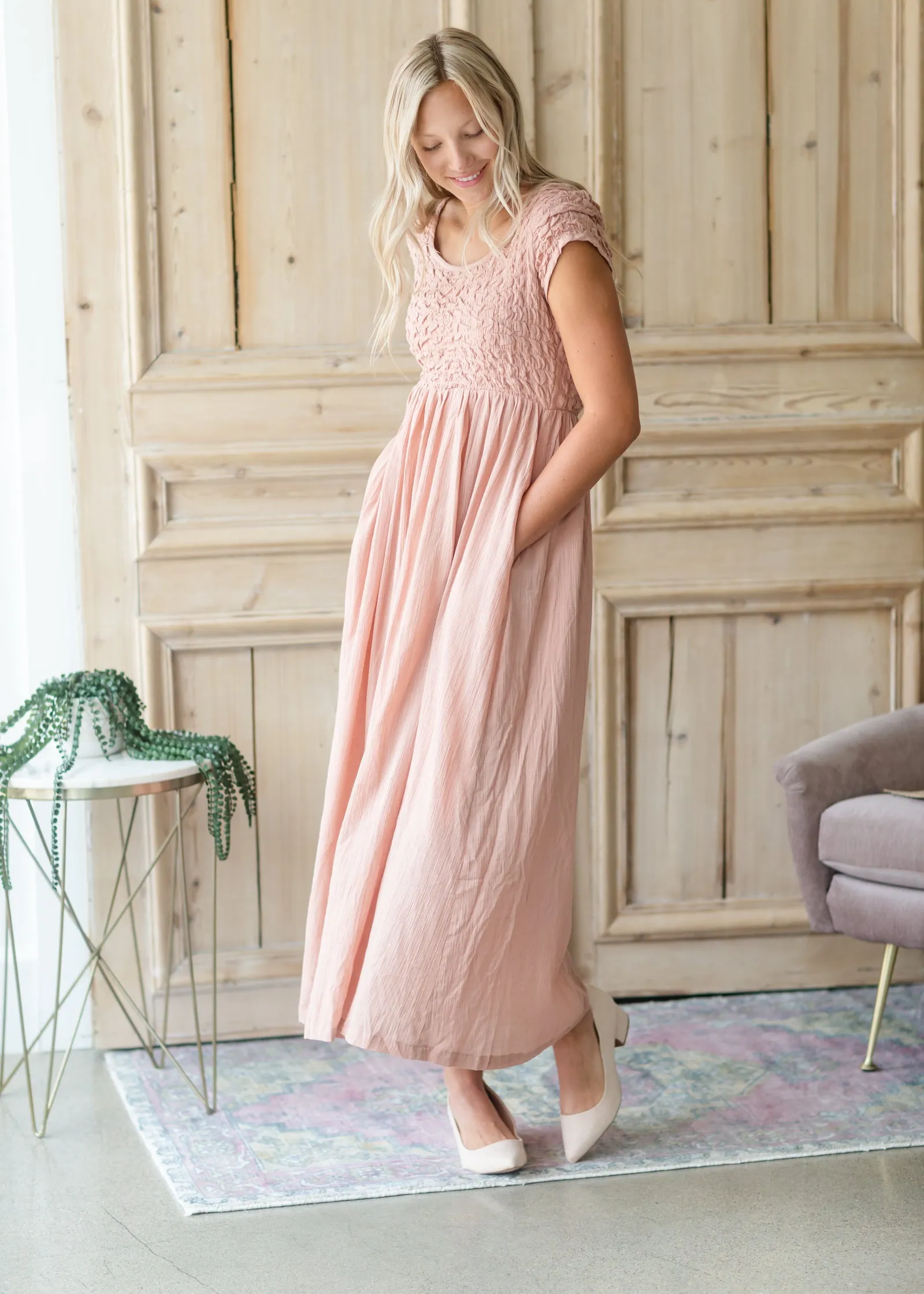 Blush Textured Smocked Baby Doll Maxi Dress - FINAL SALE