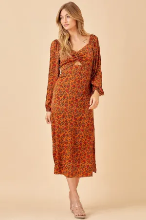 Camel Midi Dress With Front Open Detail