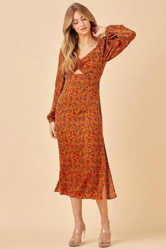 Camel Midi Dress With Front Open Detail