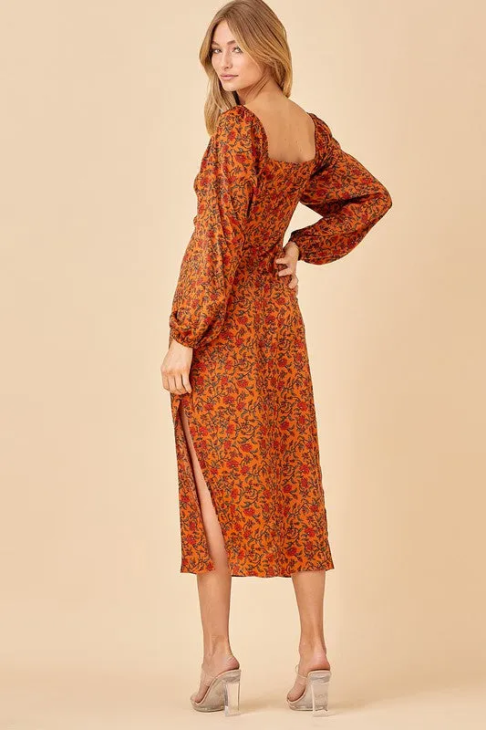 Camel Midi Dress With Front Open Detail