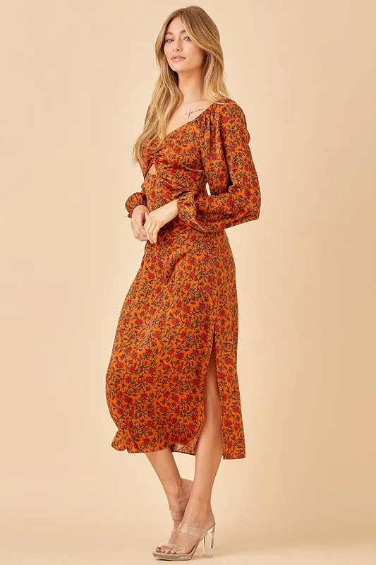 Camel Midi Dress With Front Open Detail