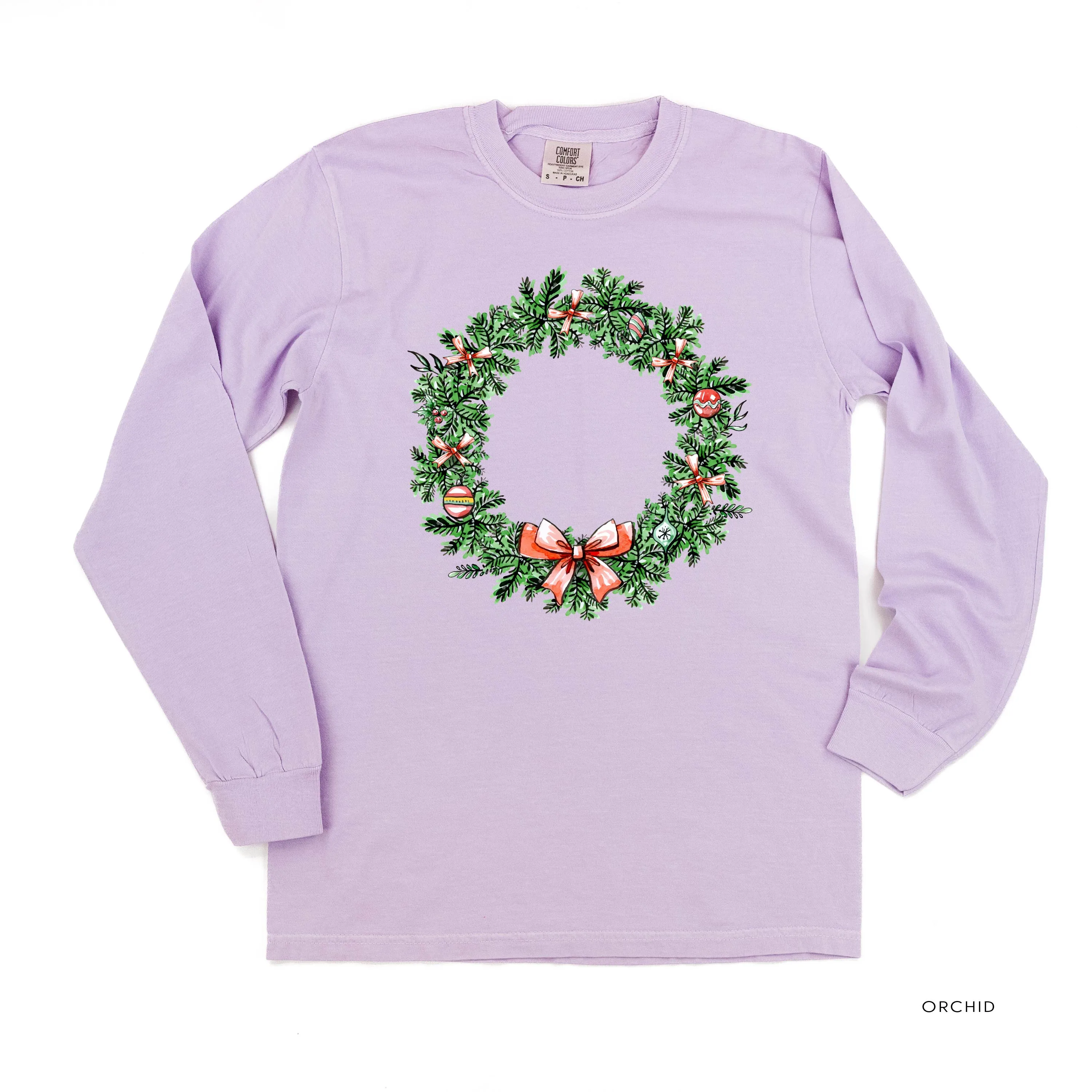 Christmas Wreath - Fa La La La La La (f&b) - LONG SLEEVE Comfort Colors Tee