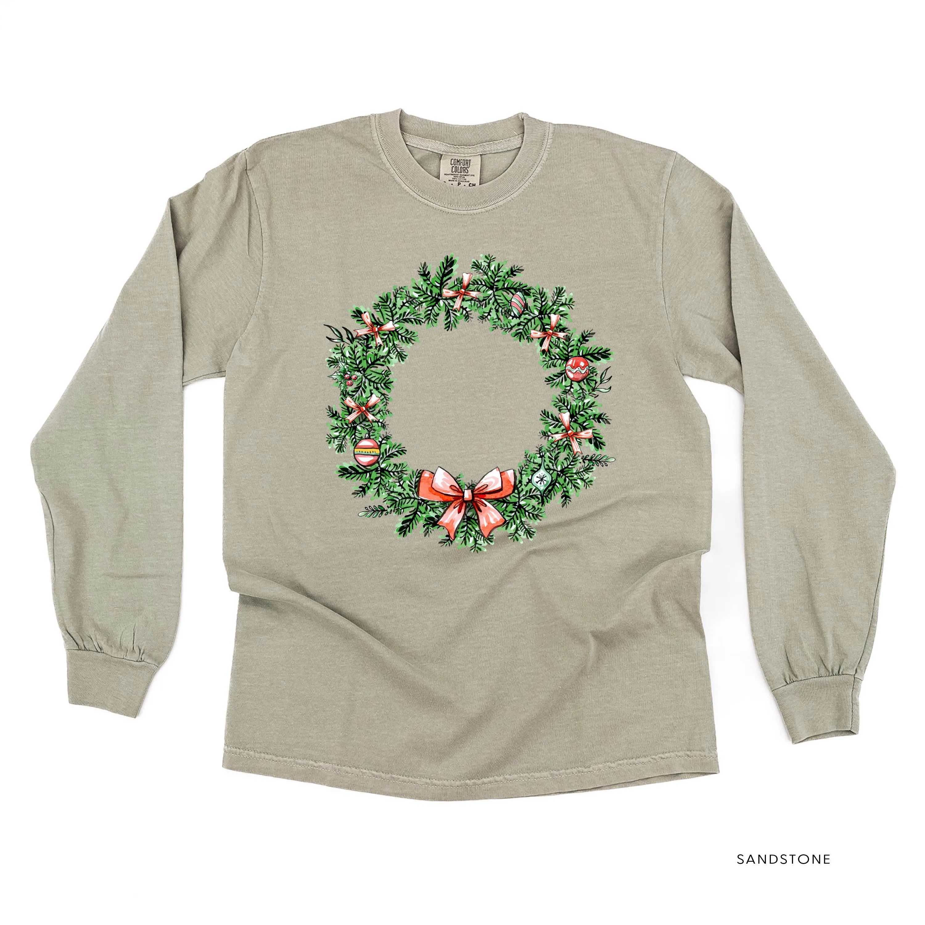 Christmas Wreath - Fa La La La La La (f&b) - LONG SLEEVE Comfort Colors Tee