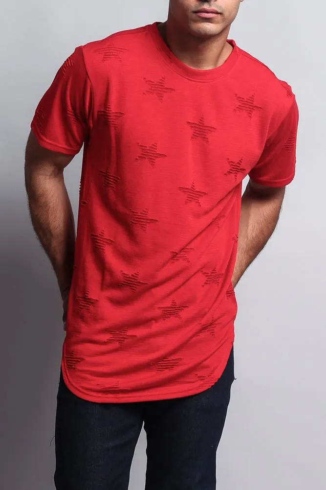 Cutout Jacquard Star Pattern Extended Length T-Shirt