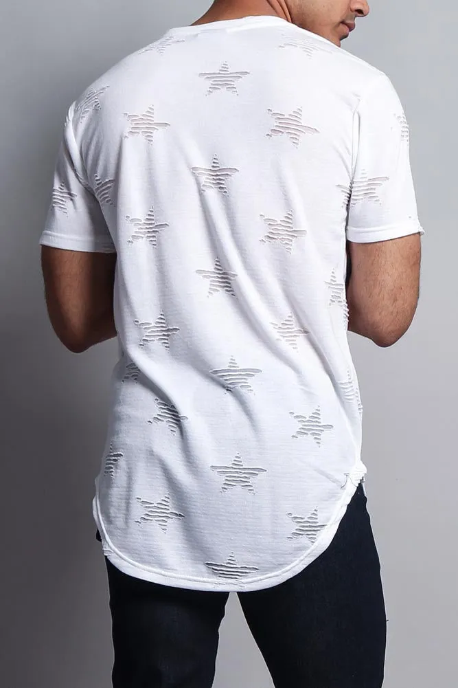 Cutout Jacquard Star Pattern Extended Length T-Shirt