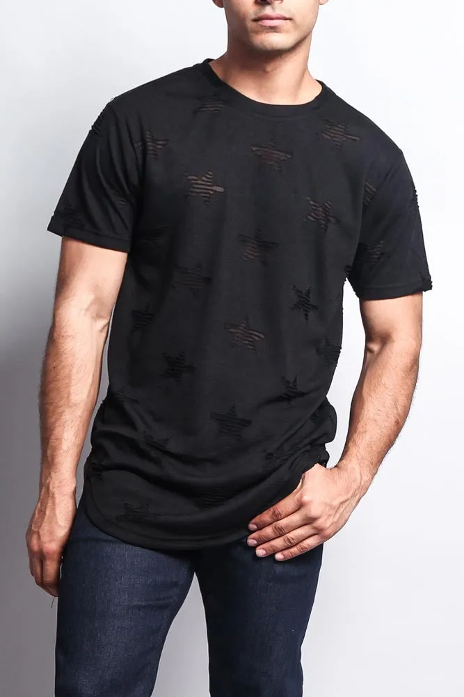 Cutout Jacquard Star Pattern Extended Length T-Shirt