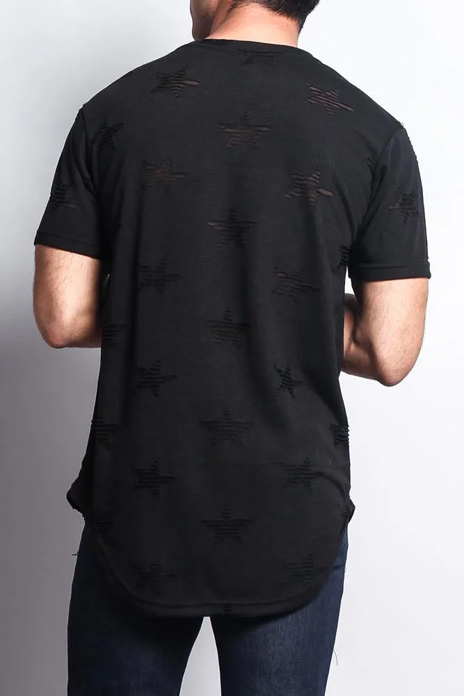 Cutout Jacquard Star Pattern Extended Length T-Shirt