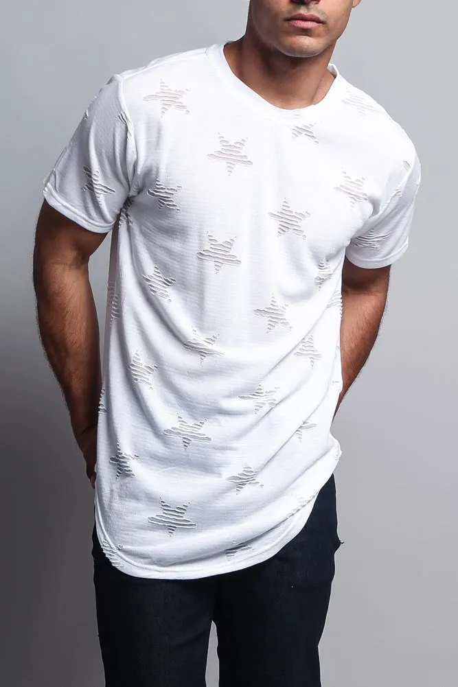 Cutout Jacquard Star Pattern Extended Length T-Shirt