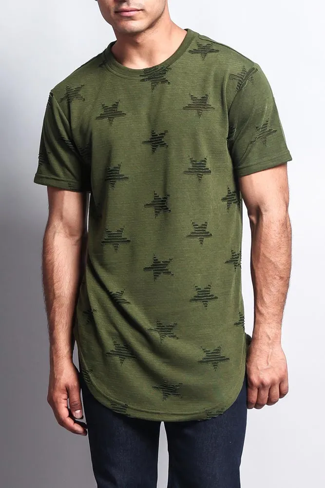 Cutout Jacquard Star Pattern Extended Length T-Shirt