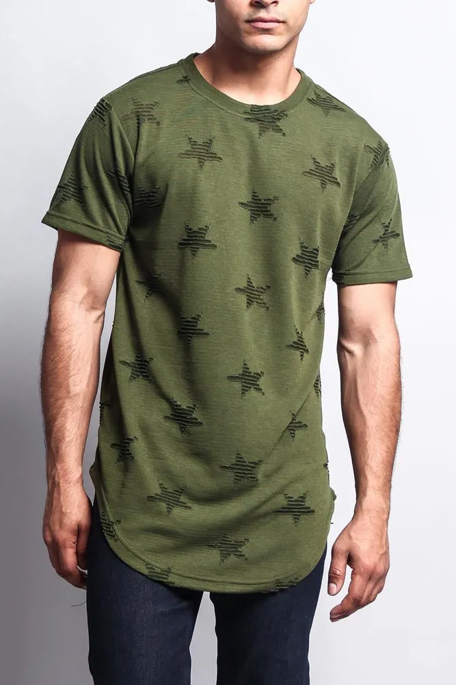 Cutout Jacquard Star Pattern Extended Length T-Shirt