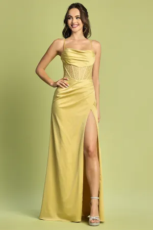 Dusty Yellow Embellished Cowl Corset Slit Fitted Dress