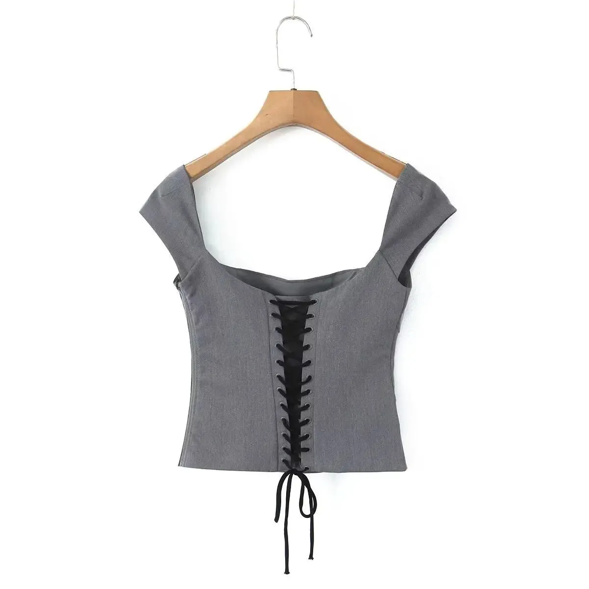 Elegant Grey Lace-Up Corset Top