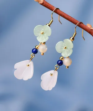 Fine Light Green Coloured Glaze Flower Pearl Drop Earrings