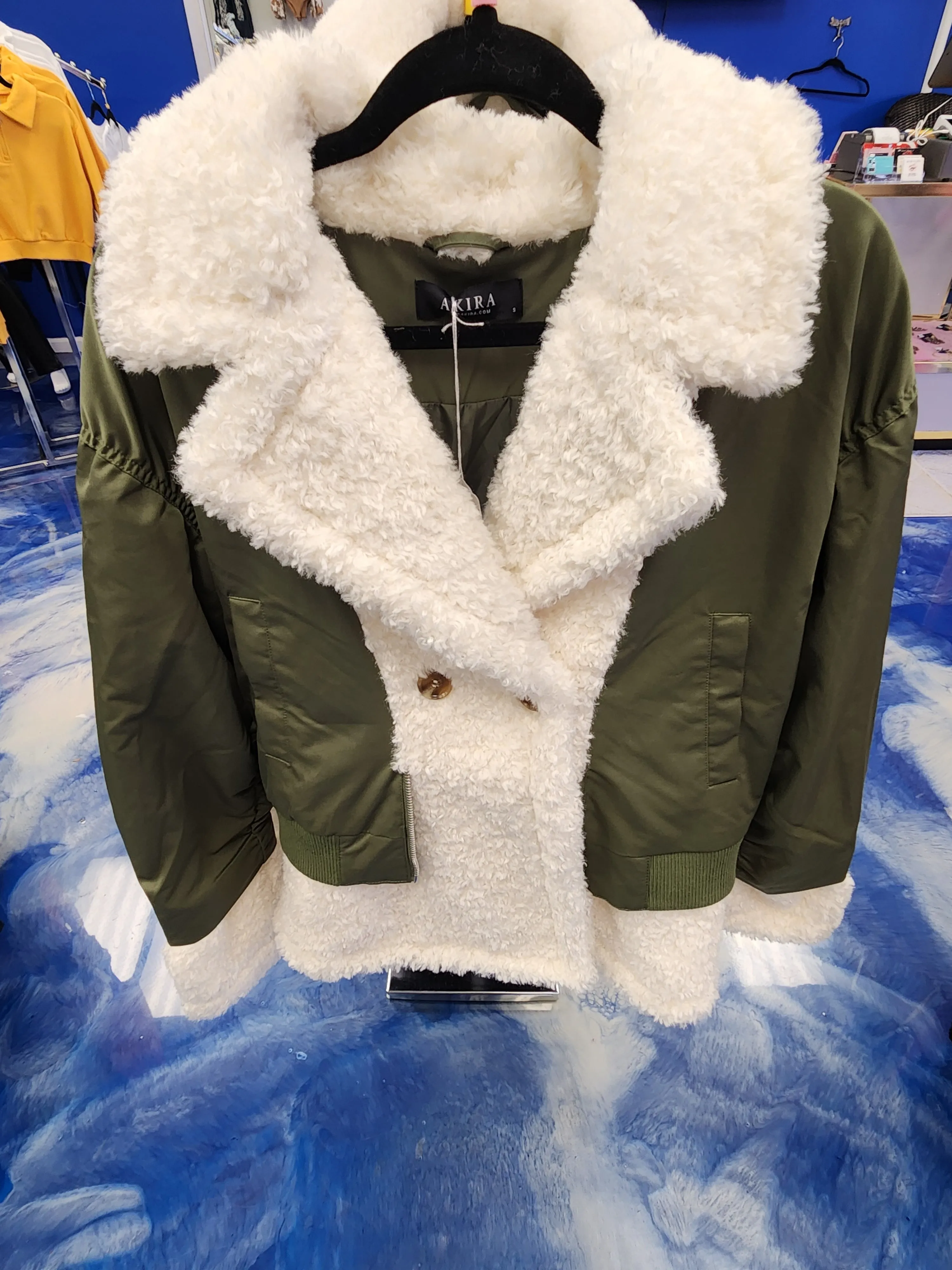 Green Coat with White Shearling Accents