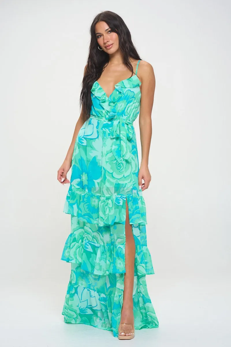 Green/Mint Sleeveless Floral Maxi Dress