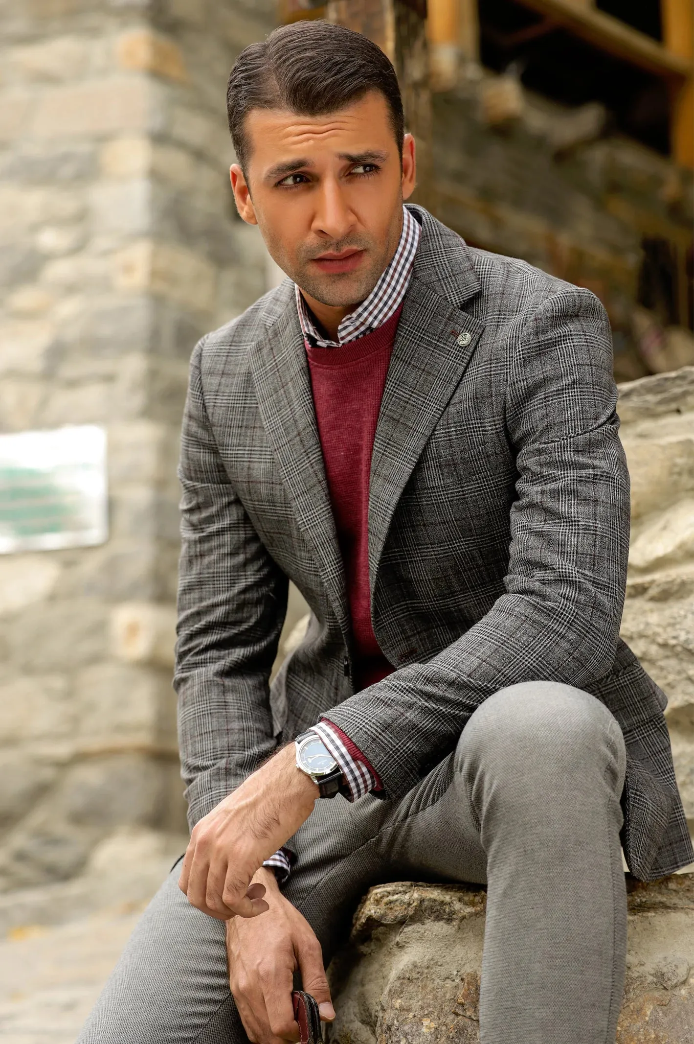 Grey Check Blazer for Men