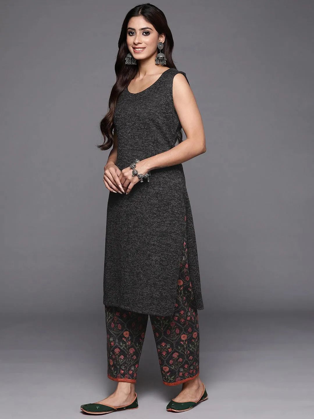 Grey Printed Wool Blend Straight Kurta Set