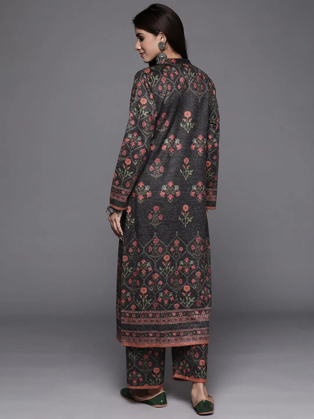 Grey Printed Wool Blend Straight Kurta Set