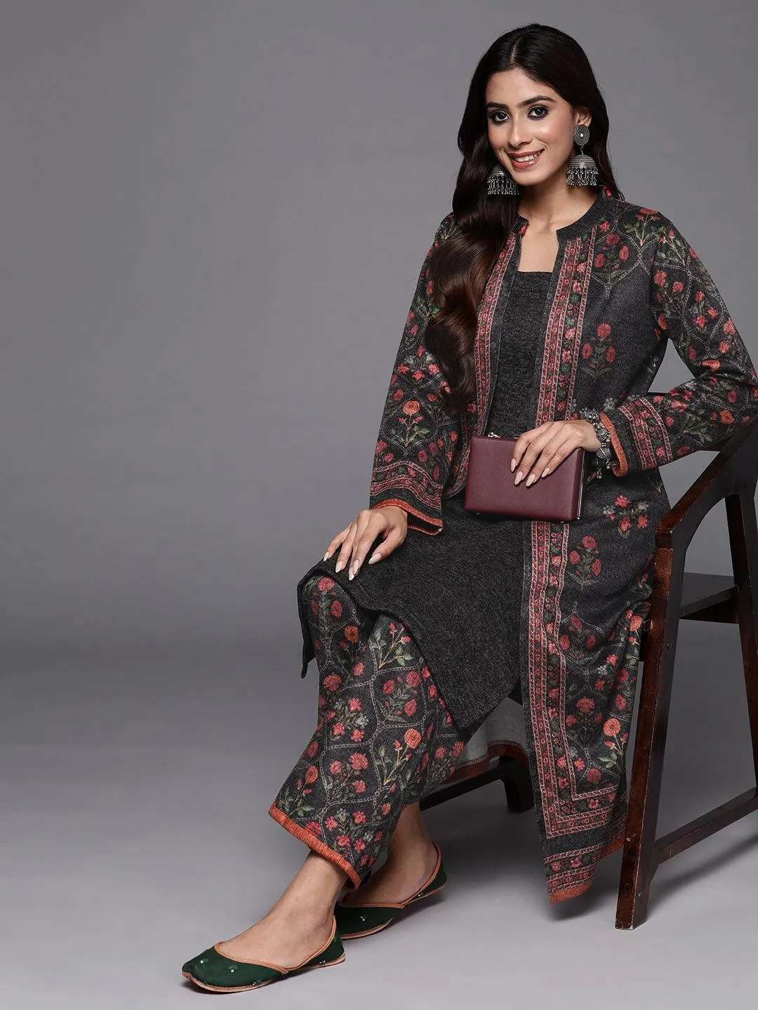 Grey Printed Wool Blend Straight Kurta Set