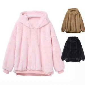 Harajuku Soft Teddy Hoodie (Black/Pink/Brown)