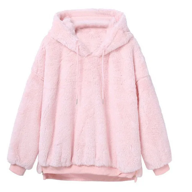 Harajuku Soft Teddy Hoodie (Black/Pink/Brown)