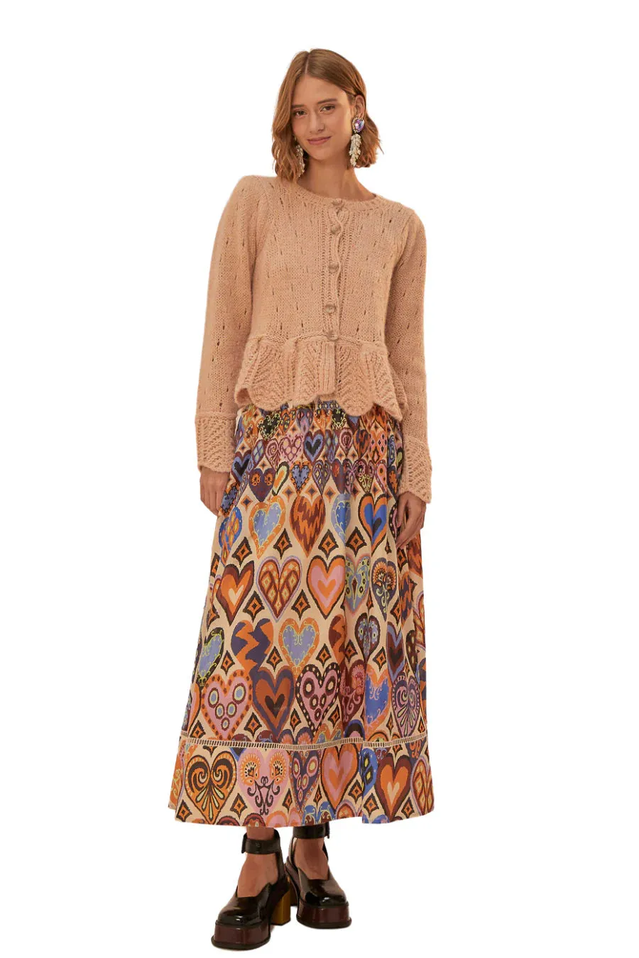 Hearts Ikat Cream Midi Skirt